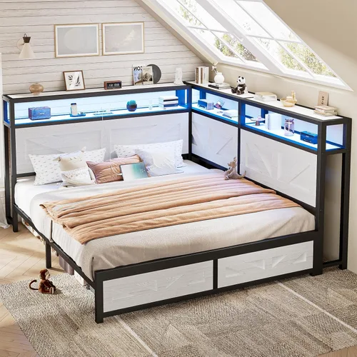 Miniatura 8 de CIKUNASI Marco de cama esquinero de tamaño matrimonial con cabecero y marco de almacenamiento de cama de granja con luces LED y estación de carga