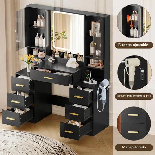 Miniatura 4 de HUANLEGO Escritorio de tocador de maquillaje con espejo y luces, espejo de tocador negro con luces escritorio y 7 cajones y armario de cristal LED