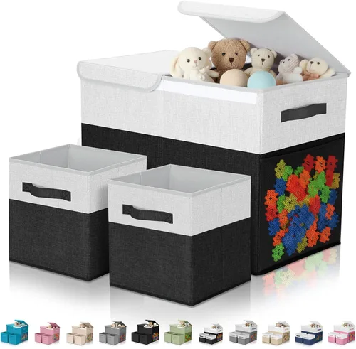 Miniatura 9 de Paquete de 3 Cajas Grandes de Almacenamiento de Juguetes de 23" con Cubos Contenedores de 11", Organizador de Juguetes Plegable con Tapas para Verde