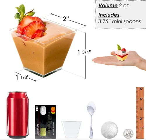 Miniatura 4 de DLux 100 x 2oz Tazas Cuadradas Mini de Postre con Cucharas y Tapas, Taza de Plástico Transparente para Aperitivos Parfait - Pequeño Cuenco