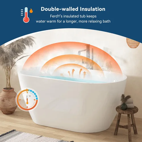 Miniatura 2 de FerdY Bali - Bañera independiente de 55 pulgadas, color blanco brillante con drenaje dorado pulido y desbordamiento ranurado integrado, certificado