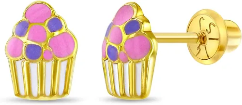 14k Yellow Gold Colorful Enamel Cupcake Screw Back Earrings for Toddlers & Young Girls - Multicolor Fun & Fashionable Screw Backs for Children & Kids
