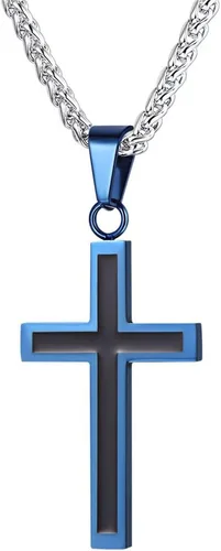 U7 Collar de cruz simple para hombres y mujeres, acero inoxidable, plateado, negro, oro, cruz latina, colgante, grabable, longitud de 22 a 24