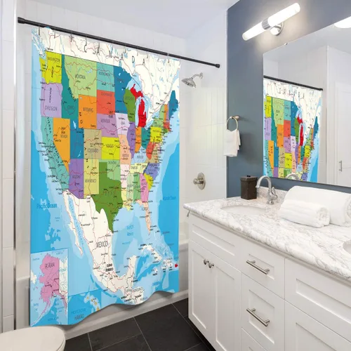 Miniatura 2 de Cortina de ducha con mapa americano, 72 x 72 pulgadas, geografía educativa, ciudades de Estados Unidos, tecnología de tierra blanca, colorida