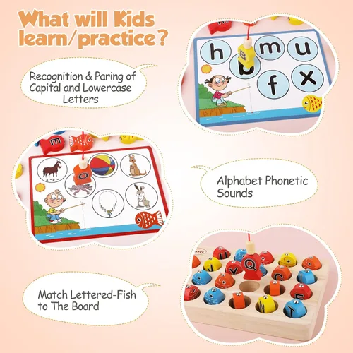 Miniatura 2 de Torlam Juguete magnético de pesca de madera para niños pequeños, juguete de habilidad motora fina, aprendizaje del alfabeto ABC para niños pequeños