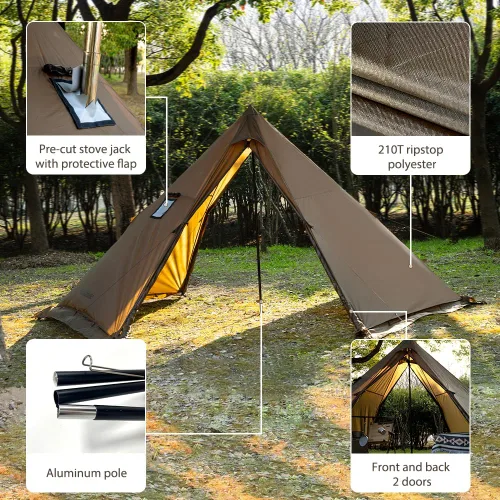 Miniatura 3 de Tienda Caliente con Conexión para Estufa y Faldón para Nieve, 6.89~8.53 pies de Altura Interior, 2~5 Personas, Tienda Tipi para Senderismo Familiar