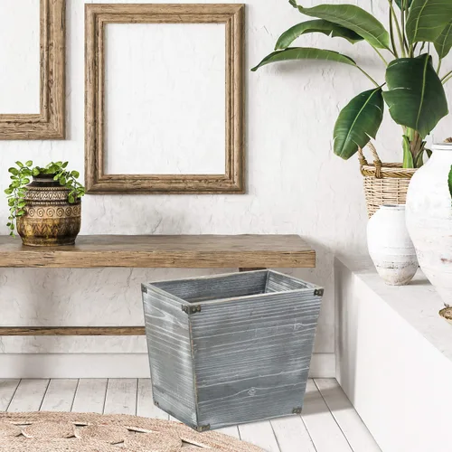Miniatura 6 de Cubo de basura de madera con antorchas de estilo rústico gris con soportes de metal decorativos para dormitorio, sala de estar, baño y oficina (gris)