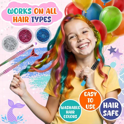 Miniatura 3 de Jim&Gloria Tiza para el cabello sin polvo para niñas, lavable con extensiones de cabello, pinceles y purpurina, tinte de color temporal, regalos