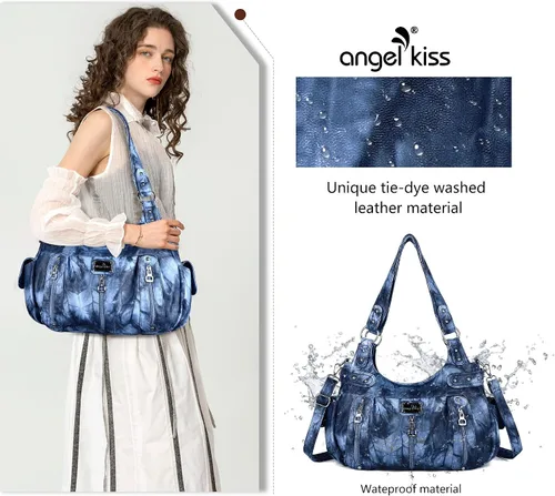 Miniatura 2 de Angelkiss Bolsos grandes y carteras para mujer de cuero sintético lavado tipo hobo, bandolera, bolso cruzado, bolso de hombro, bolso de mano