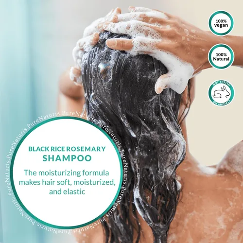 Miniatura 9 de PureNaturis Champú orgánico de agua de arroz negro con romero para el crecimiento del cabello, spray de agua de arroz, con agua de romero, biotina