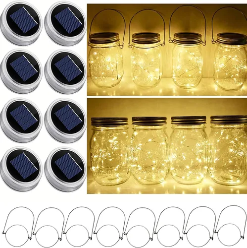 Miniatura 9 de Luces solares mejoradas para frascos, paquete de 8 unidades, 10 LED, impermeables, para frascos de luciérnaga, luces con ganchos