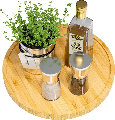 Miniatura 12 de Tocadiscos Lazy Susan para mesa, organizador giratorio antideslizante de 12 pulgadas de bambú para sal, pimienta, especias y aceite de oliva al lado