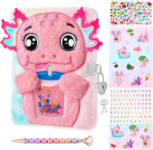 WERNNSAI Axolotl - Diario secreto para niñas con llave de bloqueo, kit de diario de felpa para niños, cuaderno de viaje escolar con bolígrafo,