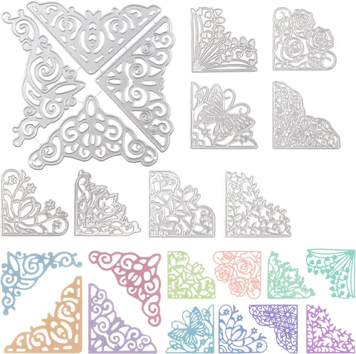 12 troqueles de corte de metal de esquina de encaje, plantillas huecas en relieve de metal, troqueles de corte de flores de rosa y mariposa para