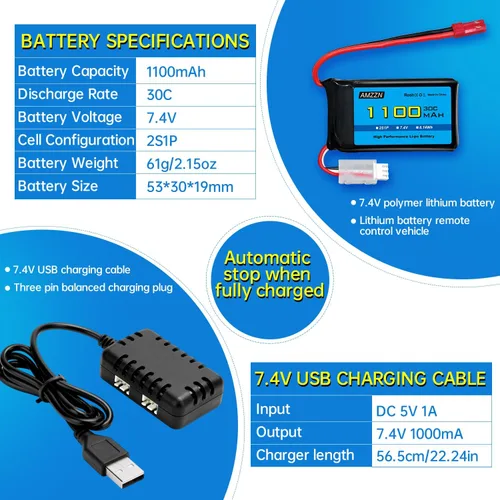 Miniatura 3 de Batería Lipo de 7.4 V 1100 mAh con cargador 2 en 1 para Wltoys A949 A959 A969 A979 K929 RC Car, compatible con la mayoría de camiones RC de relación