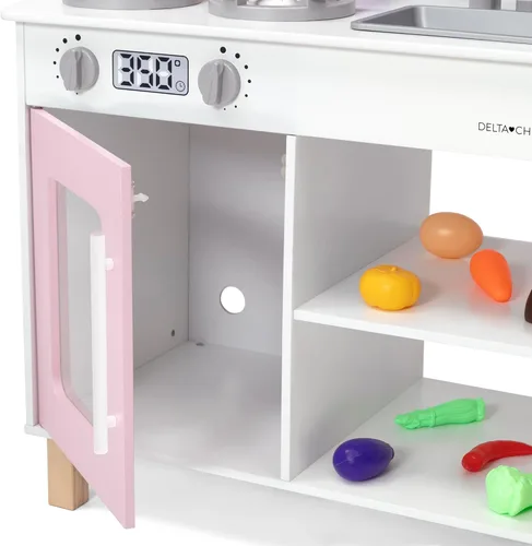 Miniatura 21 de Delta Children Tiny Chef Play Kitchen - Juego de cocina de juguete con perillas realistas que giran/hacen clic, horno, fregadero, microondas y 15
