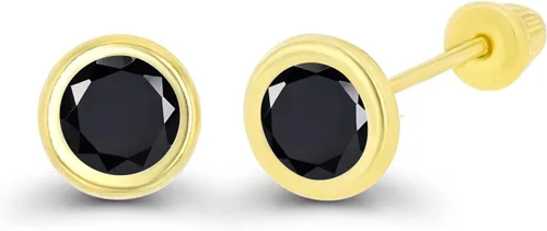 Miniatura 2 de Aretes de tuerca de oro macizo de 14 quilates, hipoalergénicos, de 0.157 in, con bisel de piedra natal auténtica, con cierre de tornillo