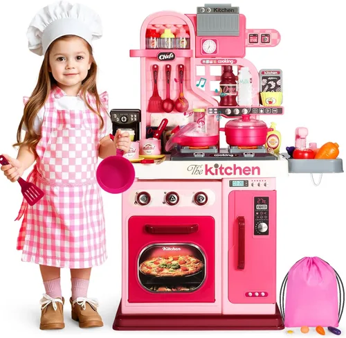DRAMATION Juego de cocina para niños, cocina de juego de 27.1 pulgadas con sonido y luz, juego de cocina para niños pequeños de 1-3, 3-5, estufa de