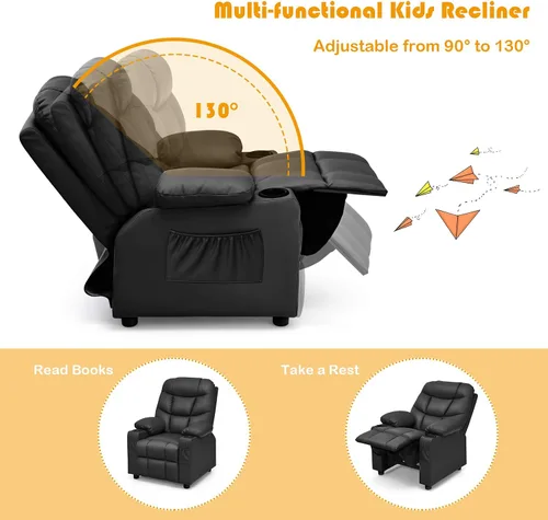 Miniatura 5 de Costzon Silla reclinable para niños con soporte para tazas, silla de salón de cuero ajustable con reposapiés y bolsillos laterales para habitación