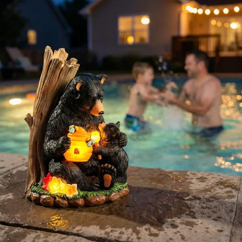 Miniatura 6 de Candieslife Estatua de jardín de oso solar con colmena brillante y cachorro, figura LED para exteriores, decoración para patio, césped, arte