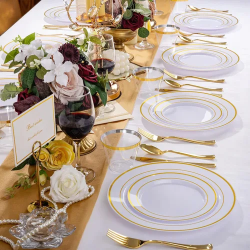Miniatura 4 de WELLIFE Juego de vajilla desechable de 600 piezas color dorado y blanco para 100 invitados, platos de plástico blanco con borde dorado, platos