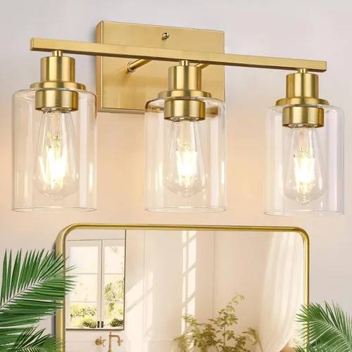 Miniatura 10 de Indoi Lámparas de baño de 4 luces, luces de tocador de níquel cepillado con pantallas de vidrio transparente, moderna lámpara de pared de baño