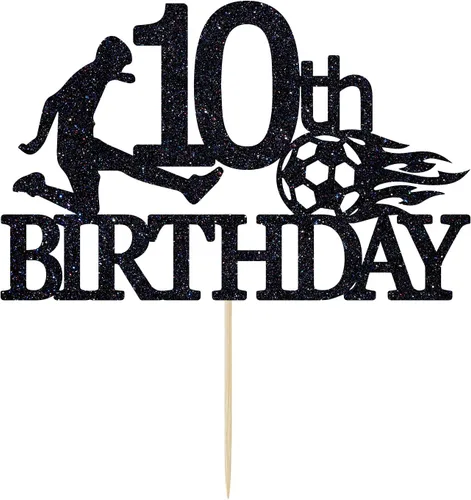 Miniatura 2 de Decoración para pastel de cumpleaños número 10 con purpurina negra, decoración para pastel de pelota de fútbol para 10 años de edad, saludos a 10