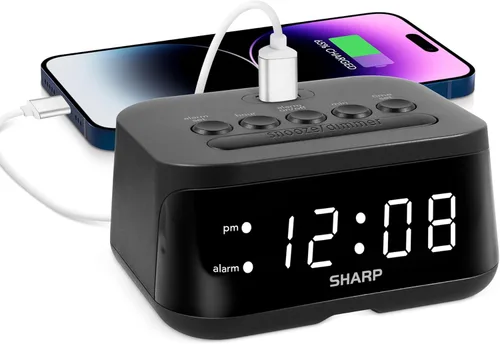 Miniatura 6 de Sharp Reloj despertador digital con puerto de carga USB-C súper rápido y pantalla LED verde