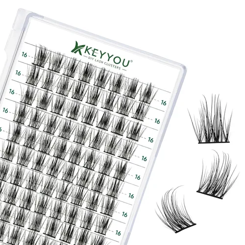 Miniatura 87 de KEYYOU Racimos de pestañas, 96 piezas de extensiones de pestañas DIY, rizado D de 16 mm, negro, realista, no irritante, fácil de colocar en casa