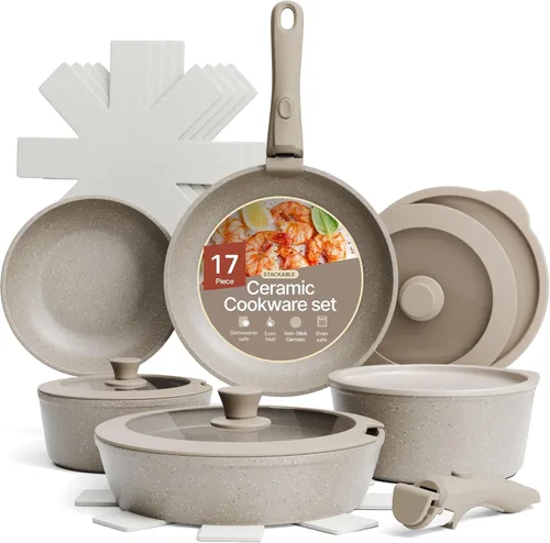 Bakken - Juego de utensilios de cocina de aluminio recubierto de cerámica de 17 piezas, ollas y sartenes antiadherentes con tapas, utensilios de