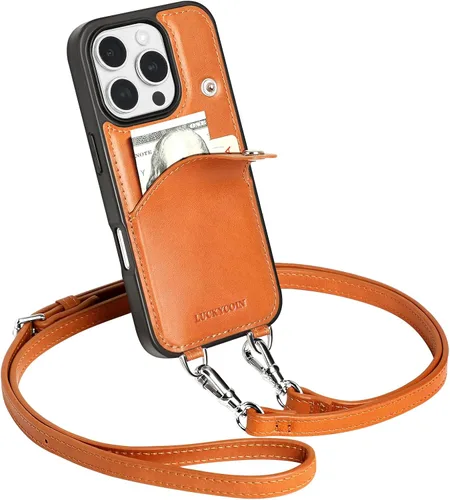 Miniatura 20 de LUCKYCOIN Funda tipo cartera cruzada para iPhone 14 Pro, funda de piel auténtica con protección contra caídas para mujer, con tarjetero expandible