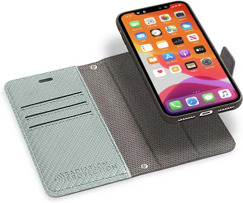 Miniatura 12 de SafeSleeve Funda de piel tipo cartera desmontable para iPhone 14 con bloqueador EMF para teléfono celular con 3 tarjeteros y soporte ajustable