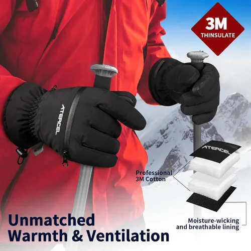 Miniatura 2 de ATERCEL Guantes de esquí impermeables, guantes Thinsulate cálidos 3M, pantalla táctil, ideales para hombres y mujeres en esquí, snowboard, motos