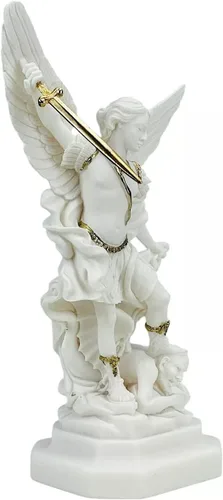 Miniatura 4 de Generic Saint St Michael Arcángel derrotó a Lucifer estatua griega figura de escultura con detalles dorados, oro blanco, altura: 9.1 in (9 pulgadas)
