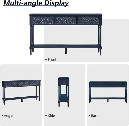 Miniatura 7 de weselon Mesa consola tallada de 55.5 pulgadas con 3 cajones, mesa de sofá de 2 niveles con superficie floral brillante y patas de madera maciza