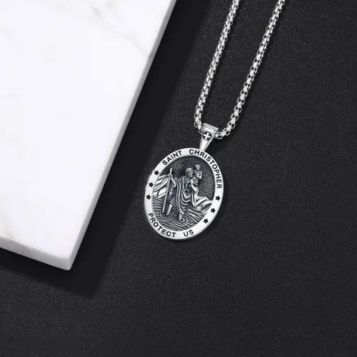 Miniatura 265 de Odinstone Collar de plata de ley 925 con medalla de San Miguel/San Cristóbal/San Benito/Crucifijo de Jesús/San Uriel/Arcángel Rafael para hombres