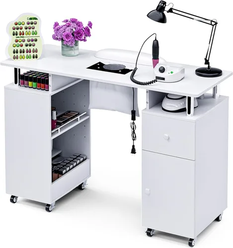 Miniatura 10 de Mesa de manicura HolaiNail, mesa para uñas con recolector de polvo, apoyabrazos, ruedas, cajón y gabinete, estación para salón de belleza, negra