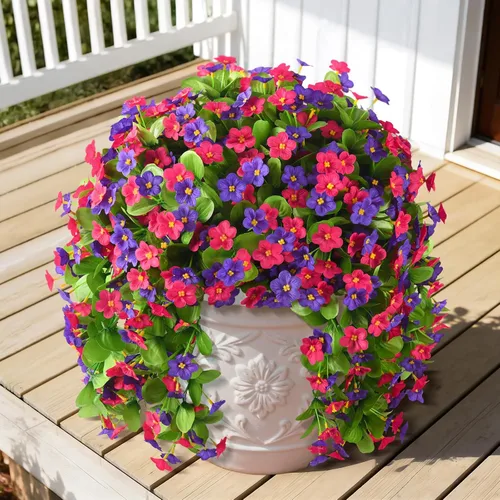 Miniatura 12 de Flores colgantes artificiales para exteriores, 2 piezas de plantas colgantes artificiales al aire libre, decoración de primavera y verano
