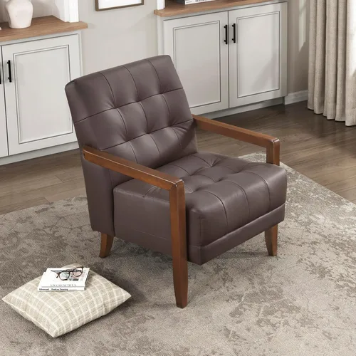Miniatura 11 de Lexicon Silla decorativa moderna de lujo, silla de sala de estar de cuero genuino con cojines capitonados, estructura de madera maciza