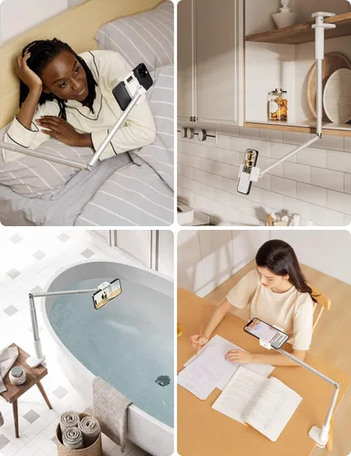 Miniatura 2 de Viozon Soporte para teléfono, brazo largo flexible, montaje superior, ángulo ajustable de 360°, aleación de aluminio, abrazadera C para cabecero