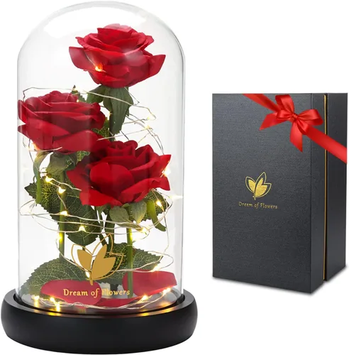 Miniatura 9 de Regalos para mamá, decoración de San Valentín, rosas de La Bella y la Bestia con 40 luces LED, rosa en cúpula de cristal, rosas encantadas, flores