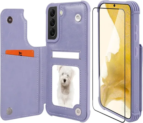 Miniatura 12 de VANAVAGY Funda tipo cartera compatible con Galaxy S22 con soporte para tarjetas de bloqueo RFID, piel sintética, cierre magnético, función atril
