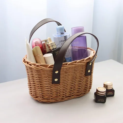 Miniatura 6 de Cesta de mimbre para picnic con dobles asas de cuero, cesta natural de sauce para huevos de Pascua, dulces, vino, juguetes, flores y regalos de boda