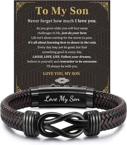 Miniatura 8 de MEALGUET Men's Bracelets Gifts for Men - Brown Braided Leather Infinity Knot Bracelets Engraved Love Massage for Son Man Husband Boyfriend, Mens