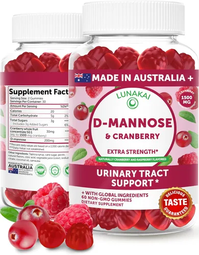 Lunakai Gomitas de arándano para mujeres de 1500 mg (extracto 50:1) con D-manosa de 200 mg - Suplemento diario de arándano para la salud del tracto