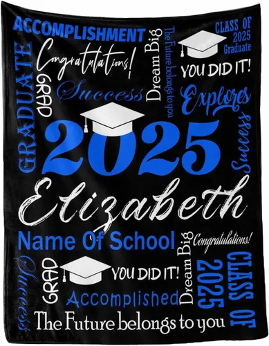 Miniatura 29 de MyPupSocks Manta personalizada para regalo de graduación, felicitaciones clase de 2025, manta azul personalizada de forro polar 2025 para hermana