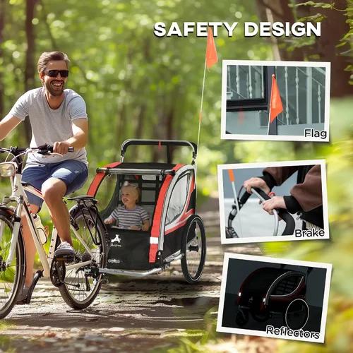 Miniatura 8 de Aosom Remolque de bicicleta de bebé 3 en 1 para niños, 2 plazas, cochecito de bicicleta de alta visibilidad para carro pequeño, accesorio de Rojo