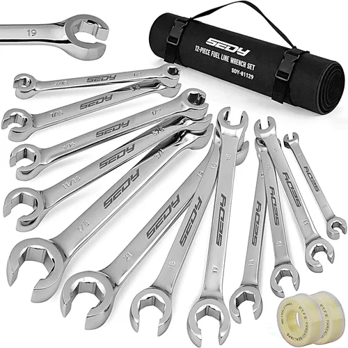 SEDY Juego de 14 llaves para tuercas acampanadas con cinta PTFE, llave de línea de freno métrica y SAE con desfase de 1/4"-7/8" & 9-21mm, juego de