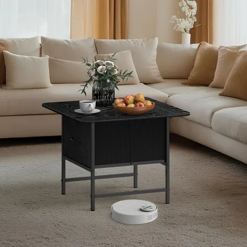 Miniatura 8 de Shinoske Mesa auxiliar cuadrada con cajón de almacenamiento, pequeñas mesas de centro negras para sala de estar, mesa central de granja de 2 niveles