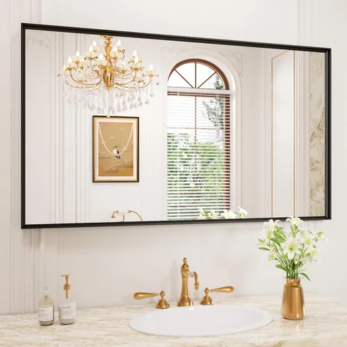 Miniatura 44 de Espejo de baño LED de 60x36 pulgadas con marco negro, espejos de baño retroiluminados y con luz frontal para pared, antiempañamiento, regulable